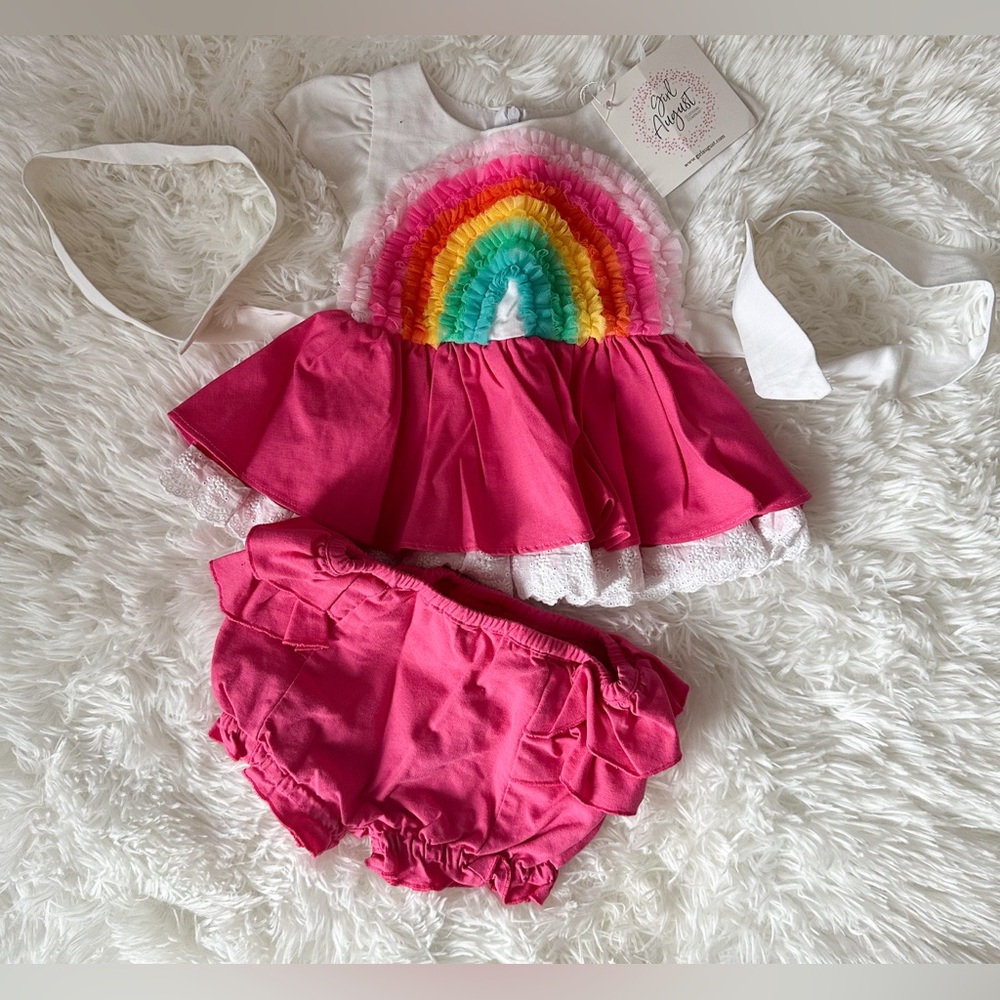 Girl August linen rainbow dress with bloomers
12 mths